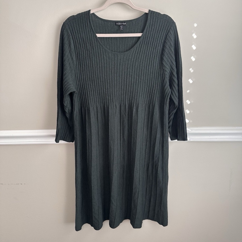 Eileen Fisher Washable Wool Rib Release Pleat Dress XL Green Quiet Luxury Office